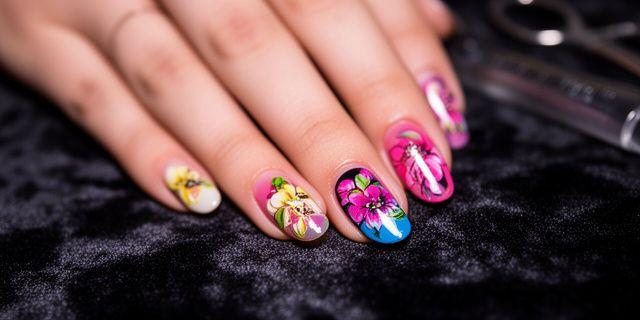 Close-up of beautifully painted gel nails with intricate floral art design on a hand resting on a dark velvet surface, showcasing the detailed nail art services at PyroGlow Nails